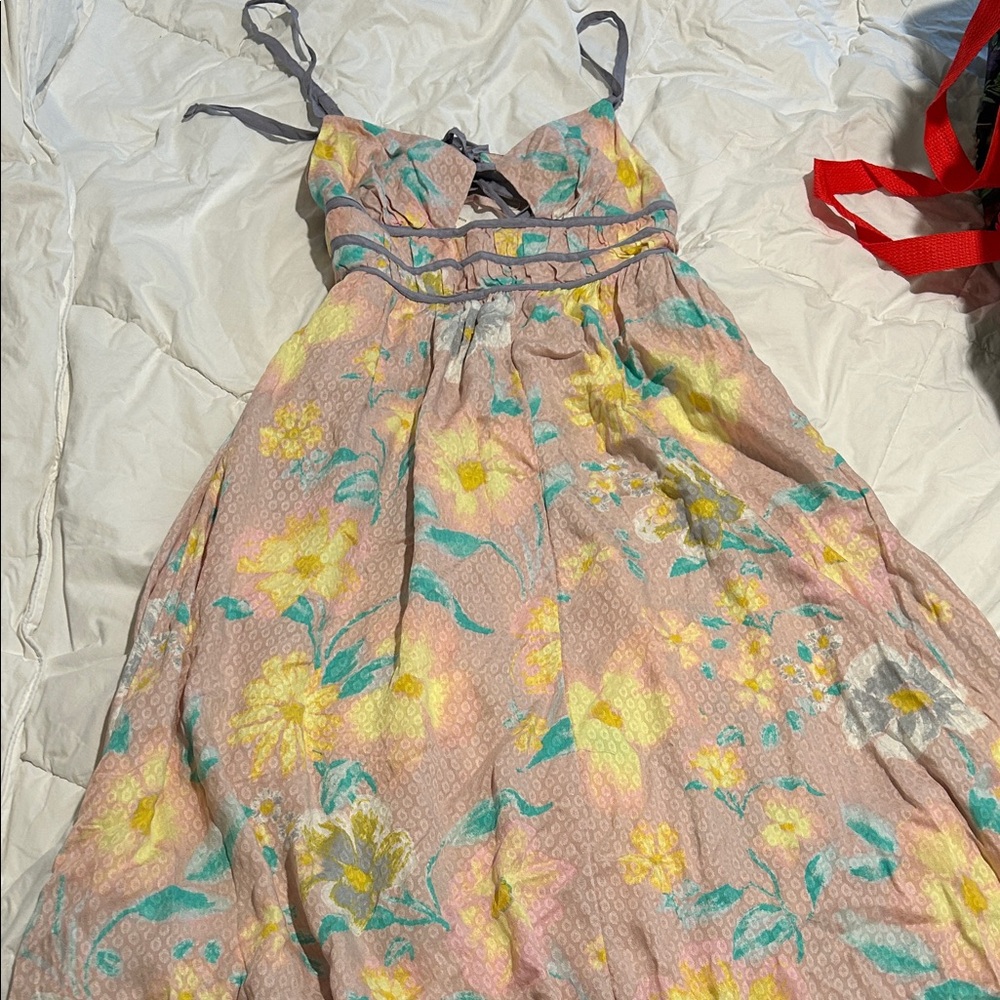 Free People Pink Floral Sundress with Yellow & Teal Accents